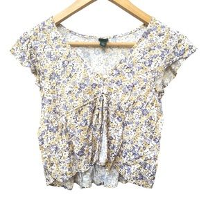 Wild Fable Top Women S Floral Purple Yellow Ruffle Tie Front V-Neck Blouse Y2K